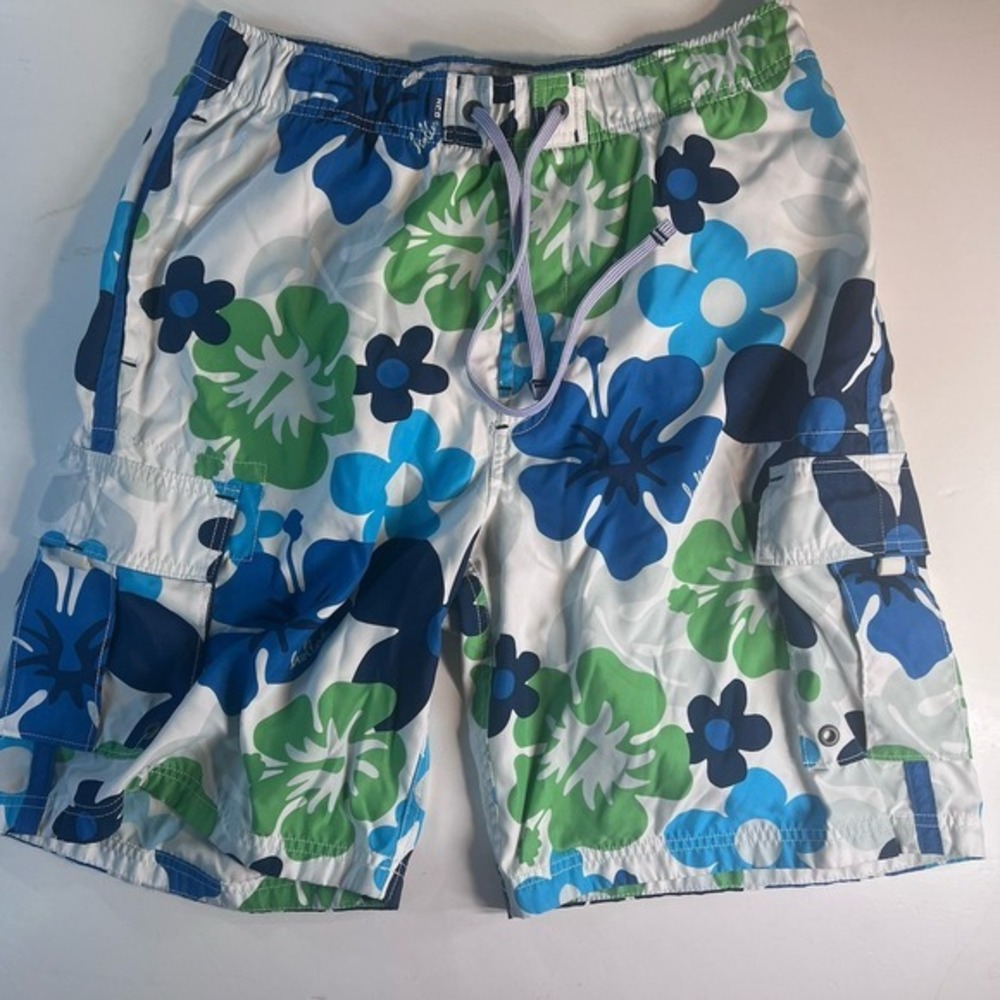 Hollister Men Swim Shorts Trunks Size M Medium Green Blue Floral Clean No Issues